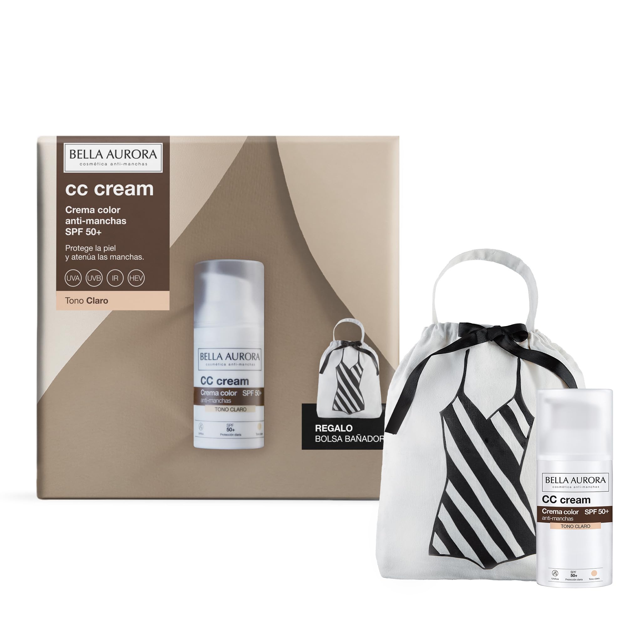 BELLA AURORA - Pack CC Cream Antimanchas SPF50+ 30 ml + Bolsa Bañador, Protector Solar Antimanchas Tono Claro, Crema Color Antimanchas, para Cualquier Tipo de Piel, Crema Solar Facial de Color Claro