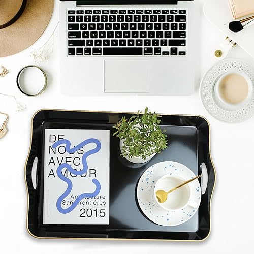 Miniatura 2 de Spsyrine Bandeja grande negra para servir con asas, bandeja decorativa de plástico para mesa de café, otomana, baño, decoración del hogar 17.3 x