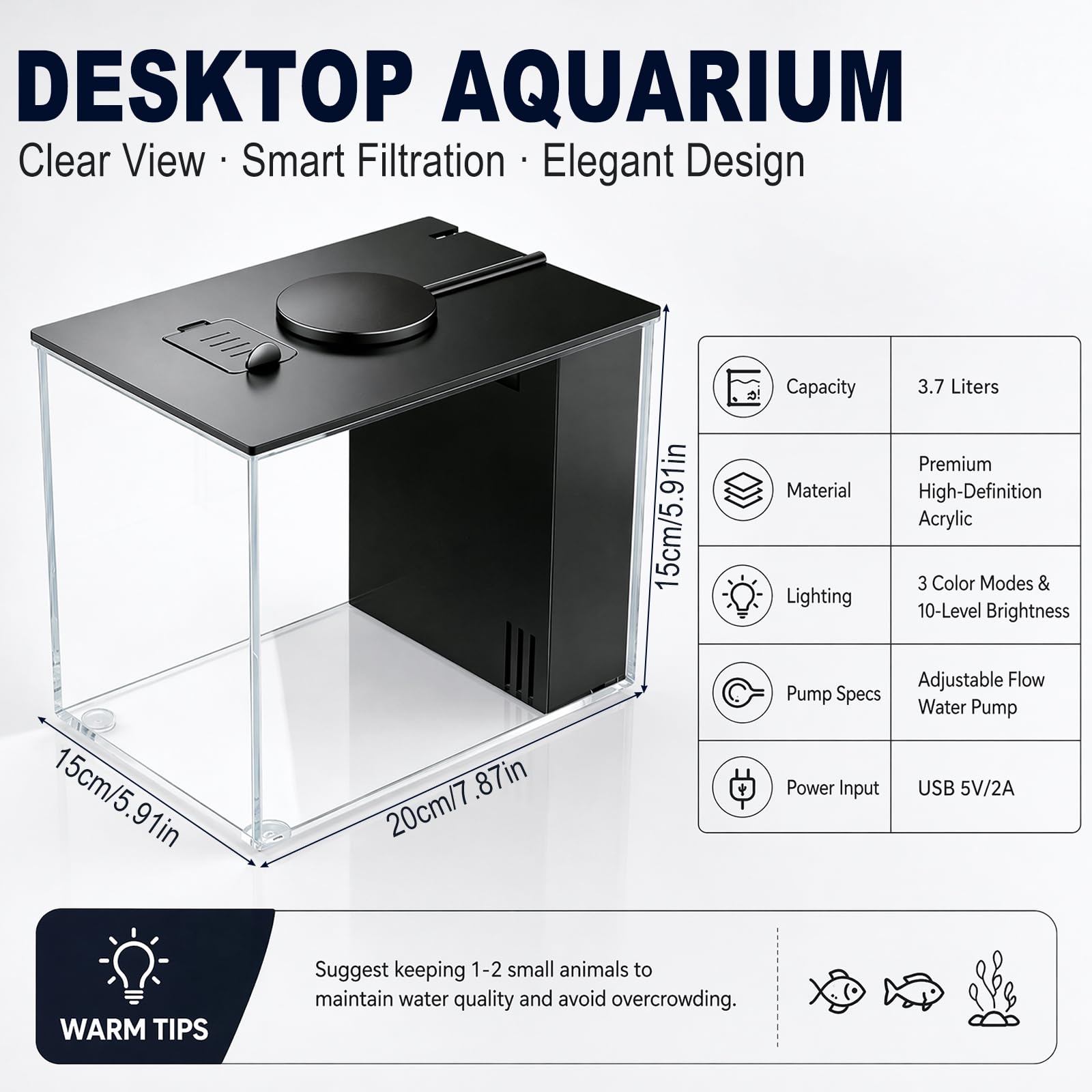 Kit de démarrage pour aquarium 3,7 l - Petit aquarium Betta en acrylique avec pompe filtrante et couvercle et éclairage LED - Pour petits poissons et crevettes