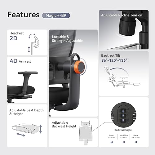 Miniatura 5 de Newtral Silla ergonómica de escritorio de oficina en casa con reposapiés, respaldo de seguimiento automático, reposabrazos 4D, reclinable de 96 a