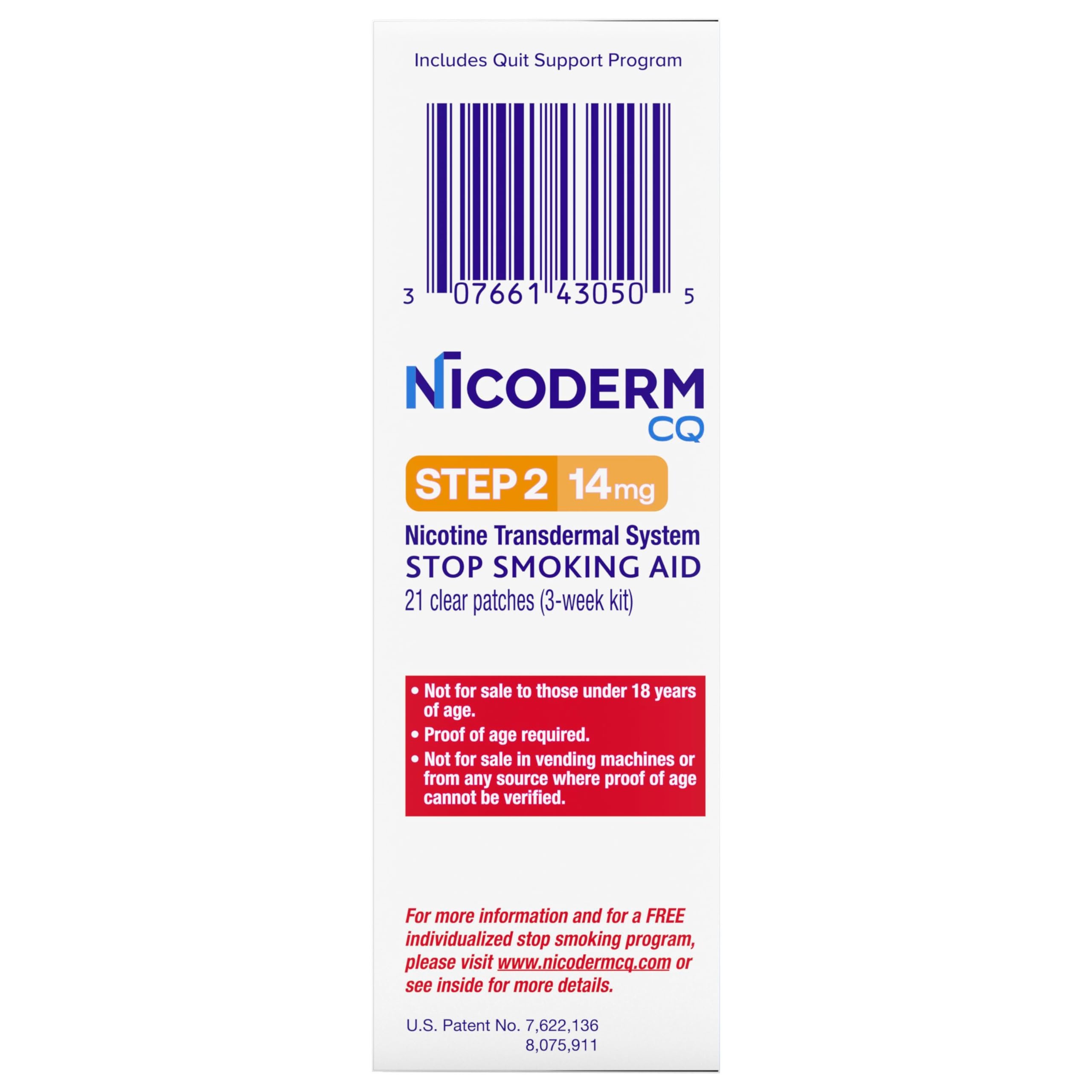 NicoDerm CQ Nicotine Patches to Help Stop Smoking with Behavioral Support Program, 14mg, Step 2-21 Count