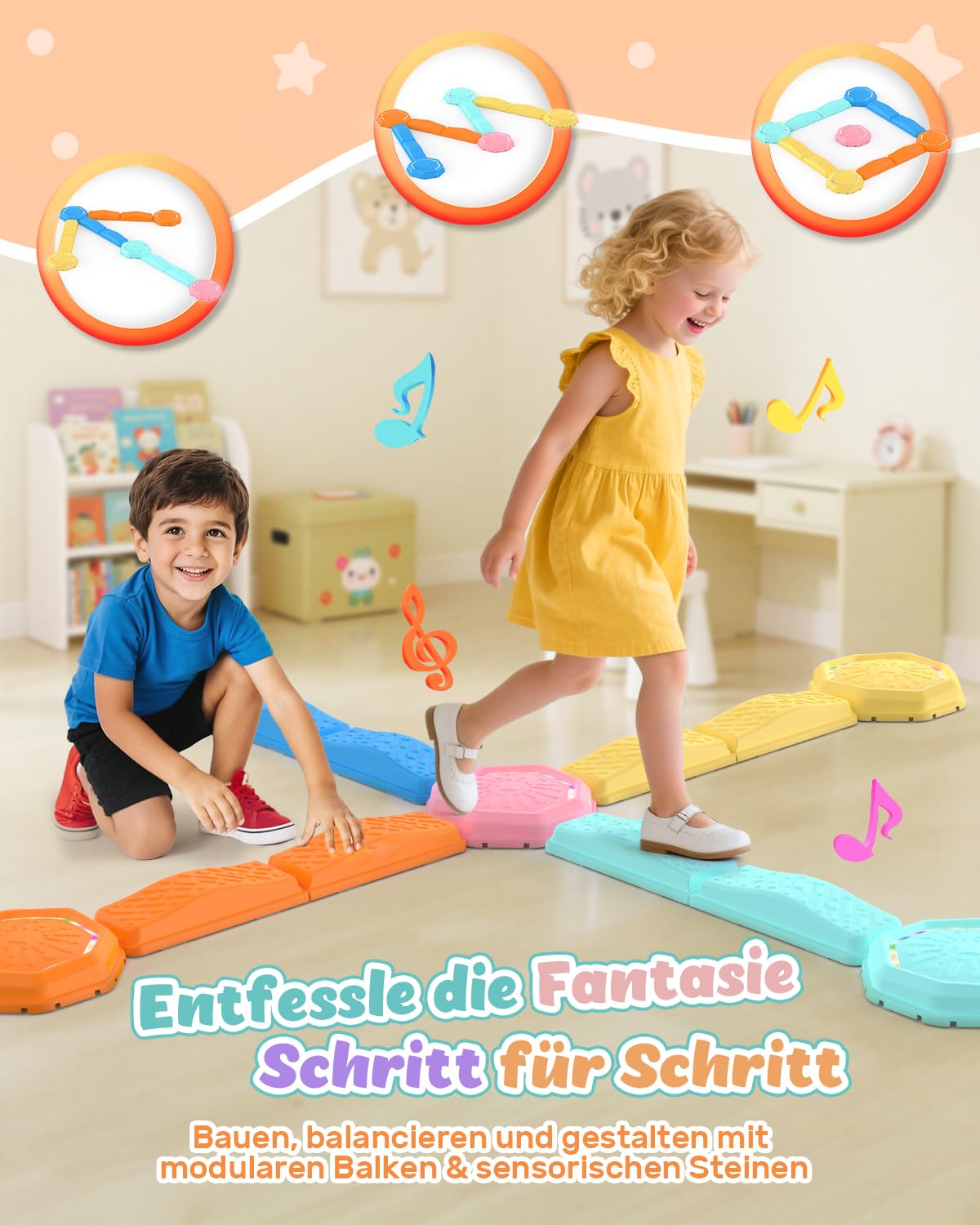 Holyton Balanciersteine für Kinder, LED Sprungsteine mit Musik & Licht, Reaktionsspiel mit 7 Tönen, Motorik & Koordination Training, Indoor Spielzeug mit 13 Teilen