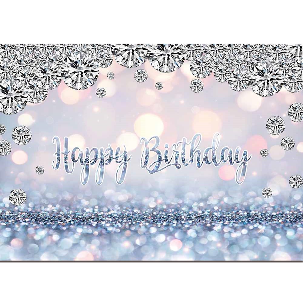 Silver and White Blue Bokeh Shiny Happy Birthday Party Photography Background Shining Diamonds Backdrops for Women Girls Kids Party Cake Table