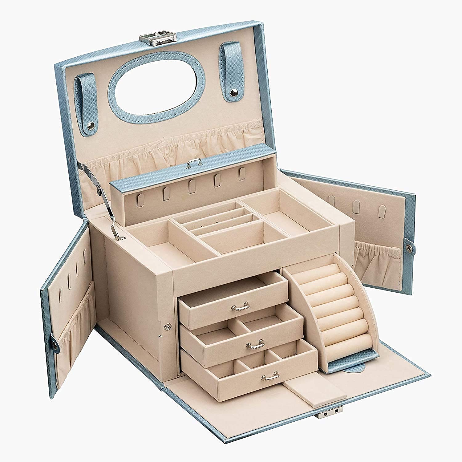 VGVSBG Storage Box Large Lockable 4 Tier 3 Drawer Jewellery Box with Mirror for Rings Earrings Necklaces and Bracelets glasses storage box