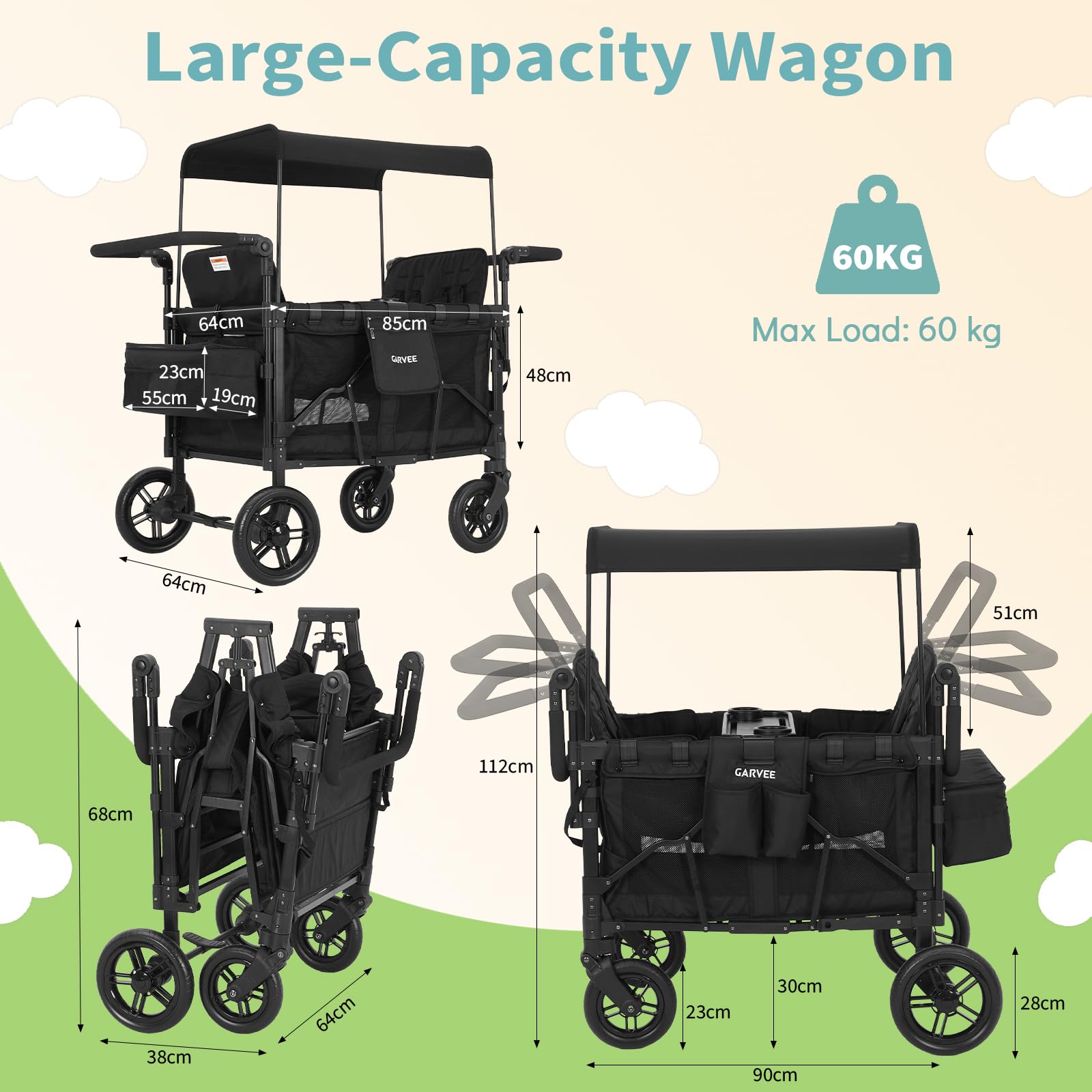 Bollerwagen Faltbar mit Dach 4 Kinder, Faltbarer Bollerwagen Handwagen Verstellbarem Schiebegriff, mit Snackablage, Abnehmbarem Verdeck, Pu-Räder mit Bremsen, Aufbewahrungstasche