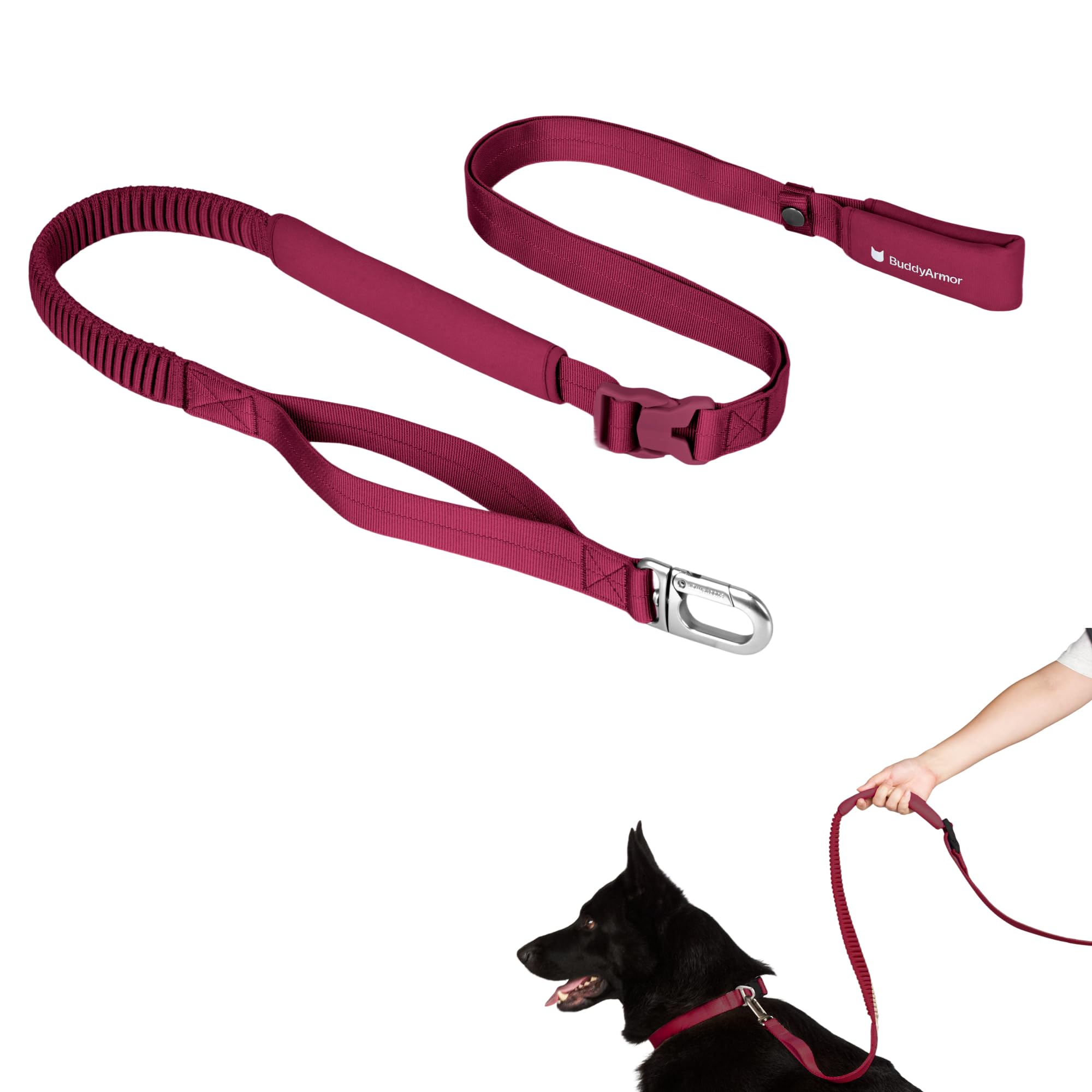 BuddyArmor Hands Free Dog Leash Adjustable Versatile Crossbody Waist Dog Leash Reflective Comfortable Padded Handles Shock Absorbing Walking Lead for Small Medium Large Dogs (Light-Burgundy, M)
