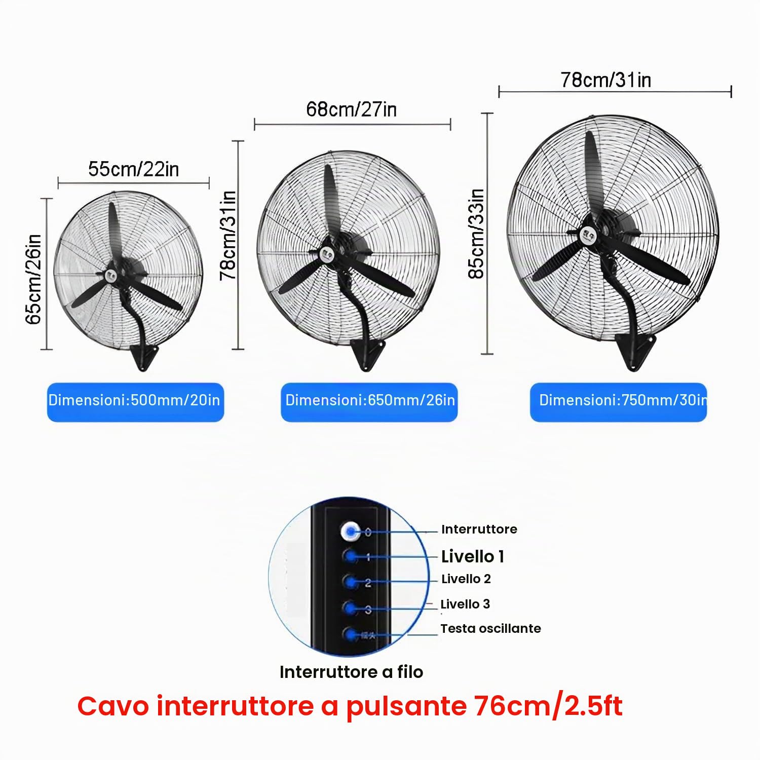 Ventilatore Industriale Da Parete, 3 Velocità, 3 Pale, Ventilatore Oscillante Per Officina, Garage, Casa Di Lavoro, Serra, Fattoria, Negozio(65cm/26in)
