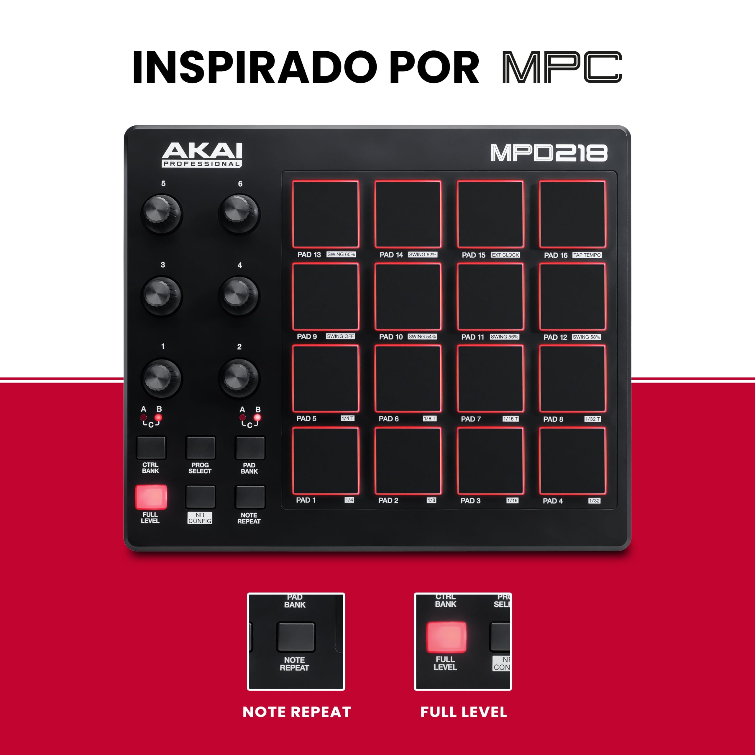Akai Professional MPD218 Controlador MIDI Pad USB | 16 Pads MPC Sensibles a la Velocidad, 6 Perillas Asignables, Note Repeat, para Beatmakers y Producción