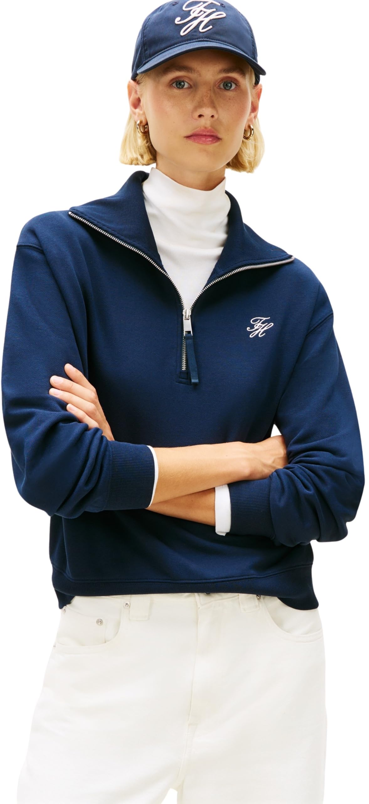 Tommy Hilfiger Women's TH SCRIPT HALF ZIP TERRY SWTSHRT WW0WW49470 Half Zip Sweatshirt, BLUE (Dark Night Navy), XS