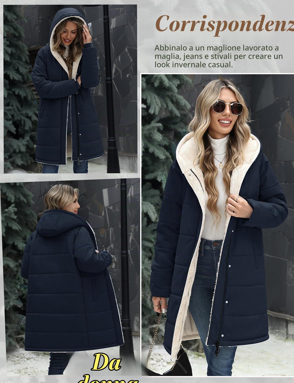 Vancavoo Giubbotto Donna Invernale Cappotto Giacche Caldo Piumino Parka | Medio-Lungo Trapuntato con Fodera in Pile, Cappuccio Fisso, Zip, Bottoni Automatici e 2 Tasche Laterali