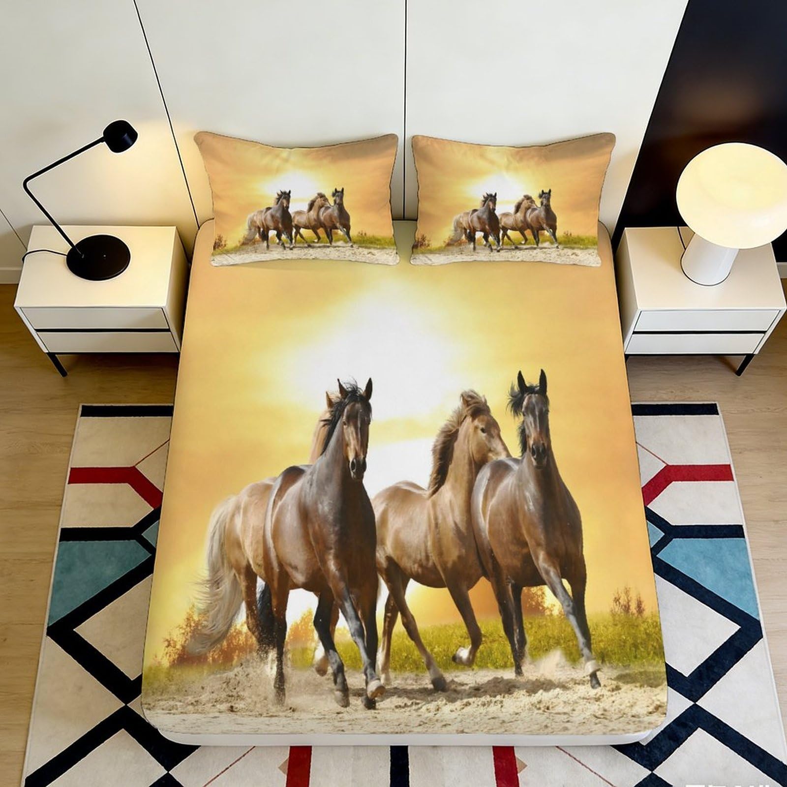 3D Printed Running Horses Fitted Sheet Microfiber Soft Durable Brown Horse Bed Cover for Bedroom Dormitory Guest Room Mattress Protection 120x200x25cm
