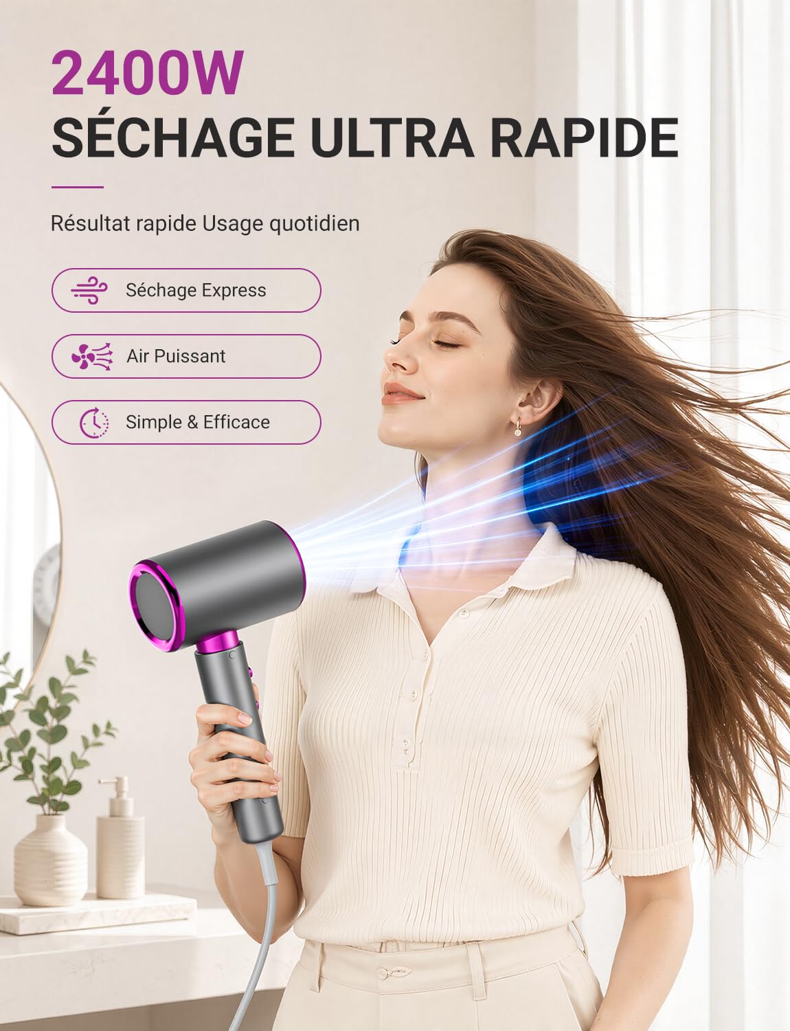 Sèche Cheveux 2400W Séchage Rapide Ionique avec Diffuseur Boucles | 3 Températures 2 Vitesses Air Froid Concentrateur Léger et Compact pour Brushing Maison Voyage