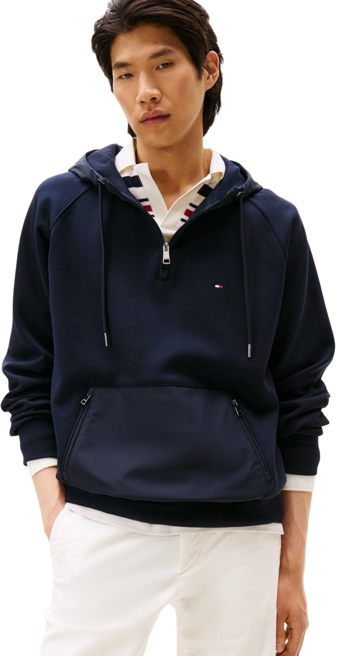 Tommy Hilfiger Herren Hoodie mit Reißverschluss Mix Media 1/4 Zip Verschließbare Bauchtasche