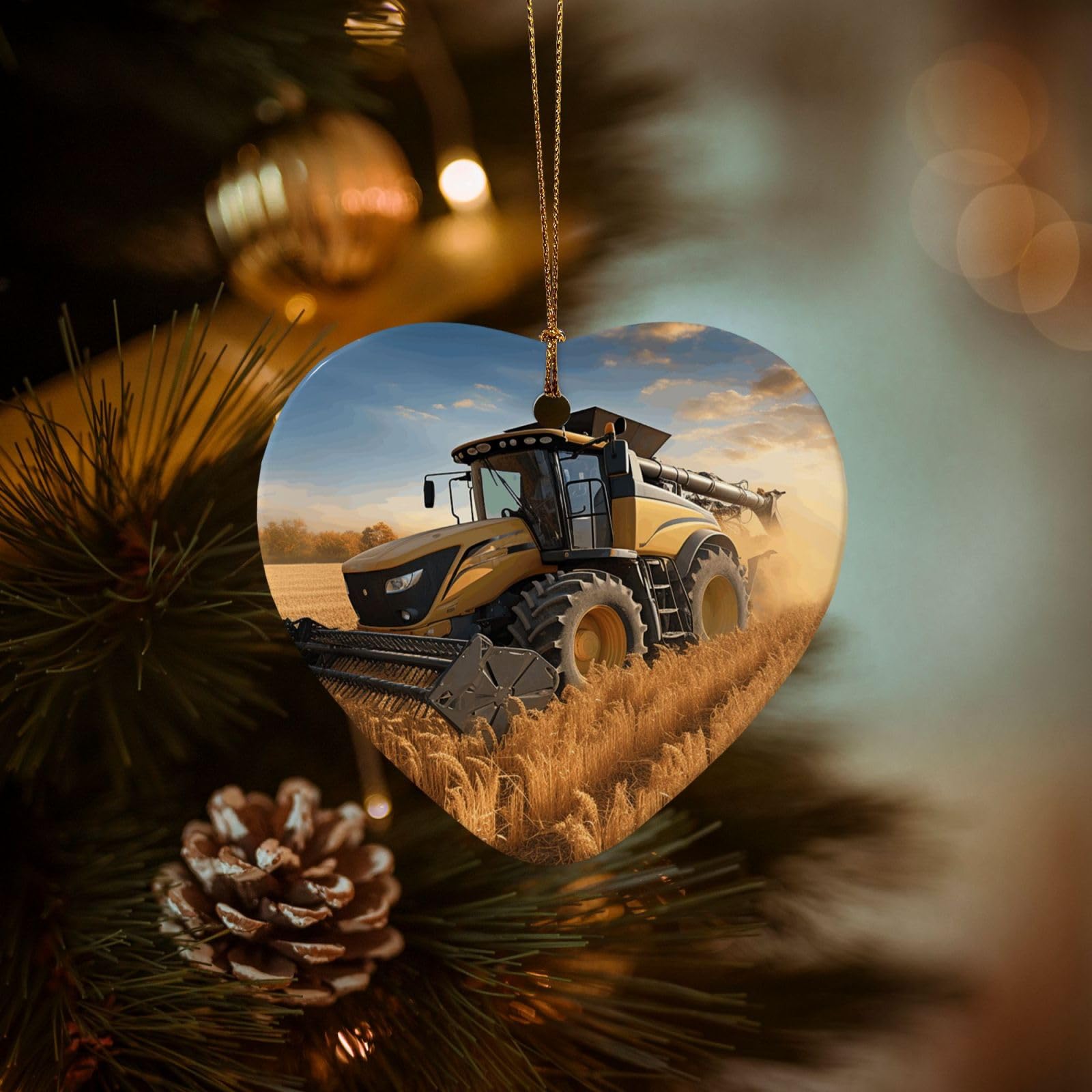 Christmas Tree Ornaments Ceramics Christmas Decorations Farm Tractor Harvester Ornaments with Gold Ribbon Porcelain Xmas Tree Crafts Heart Shape Hanging Pendant for Christmas Tree Party Decor
