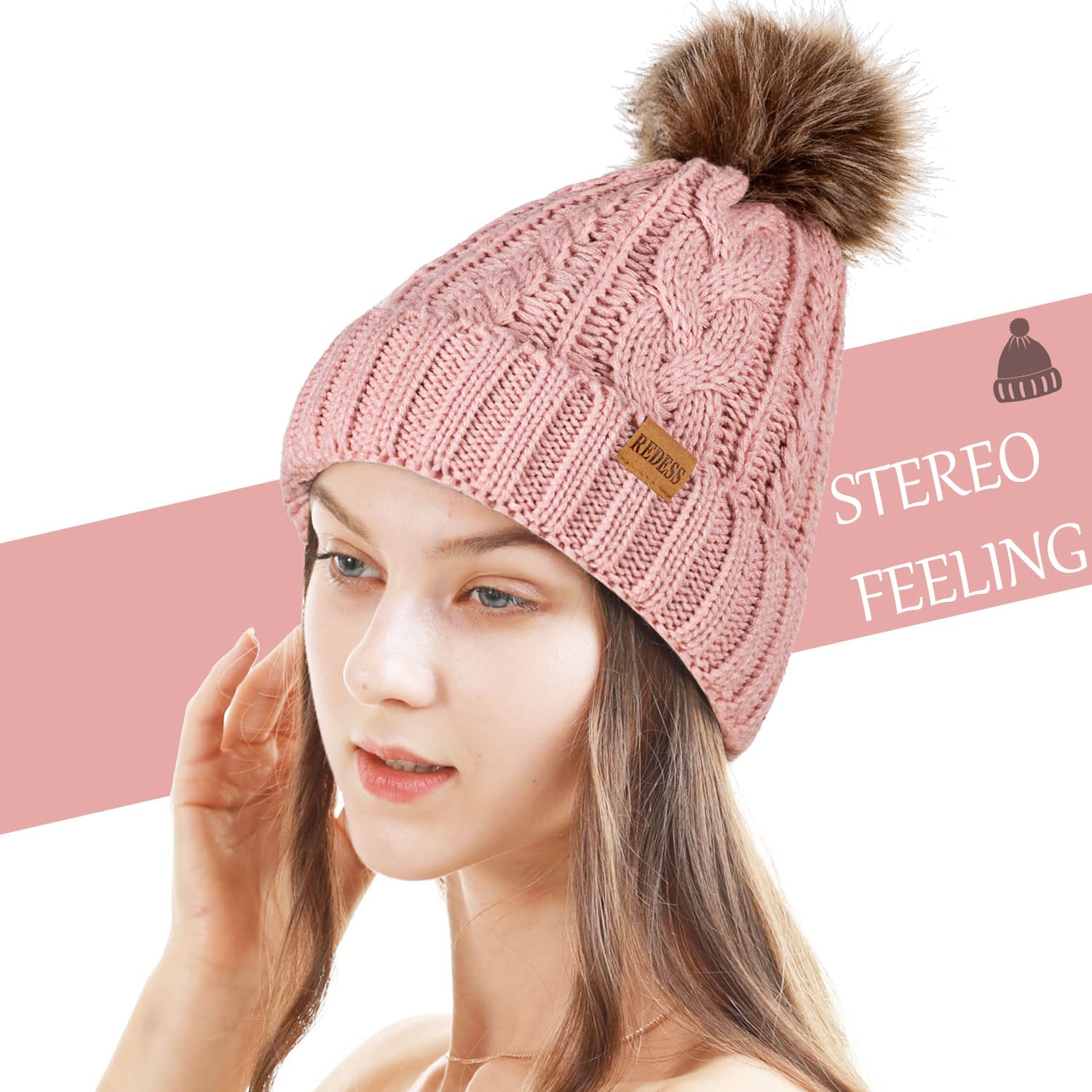 REDESS Cappello Invernale da Donna con Pom Pom Beanie Caldo Foderato in Pile Spesso Slouchy Snow Knit Chunky Baggy Skull Berretto da Sci