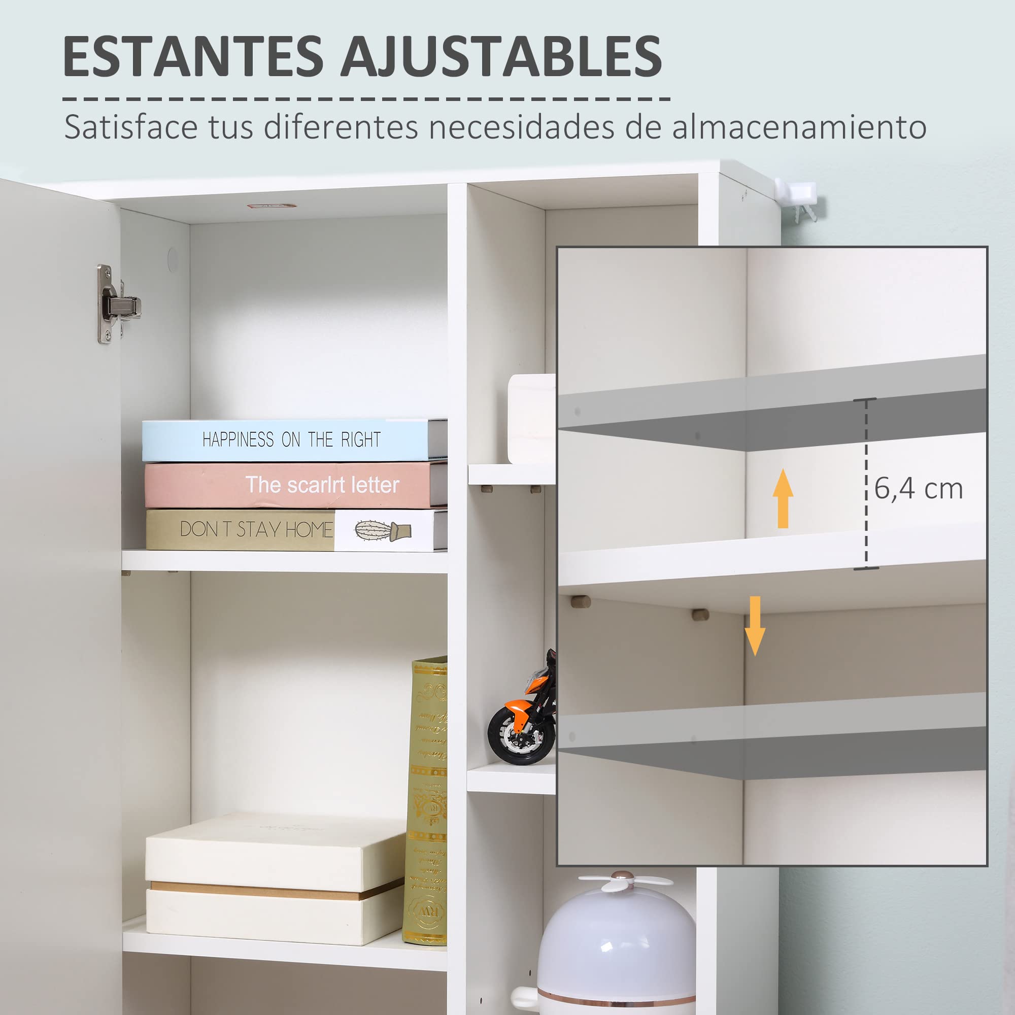 kleankin Armario de Suelo para Baño Madera 1 Puerta 71x22x100 cm Blanco | 8 Compartimentos Abiertos, Estantes Ajustables, Mueble Auxiliar Multiusos, para Cocina Salón