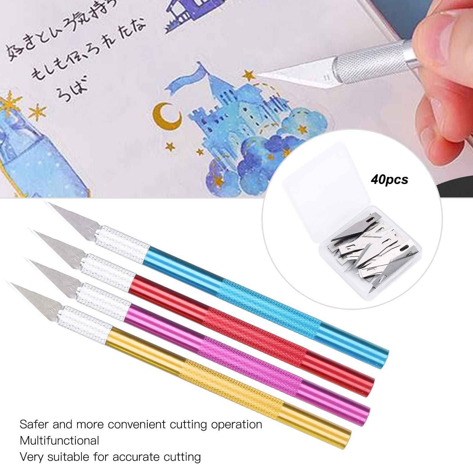 4PCS Exacto Knife, Craft Hobby Knife with 40 Spare Exacto Blades Steel Blades Kit Multi Use Detail for Art Scrapbooking Stencil