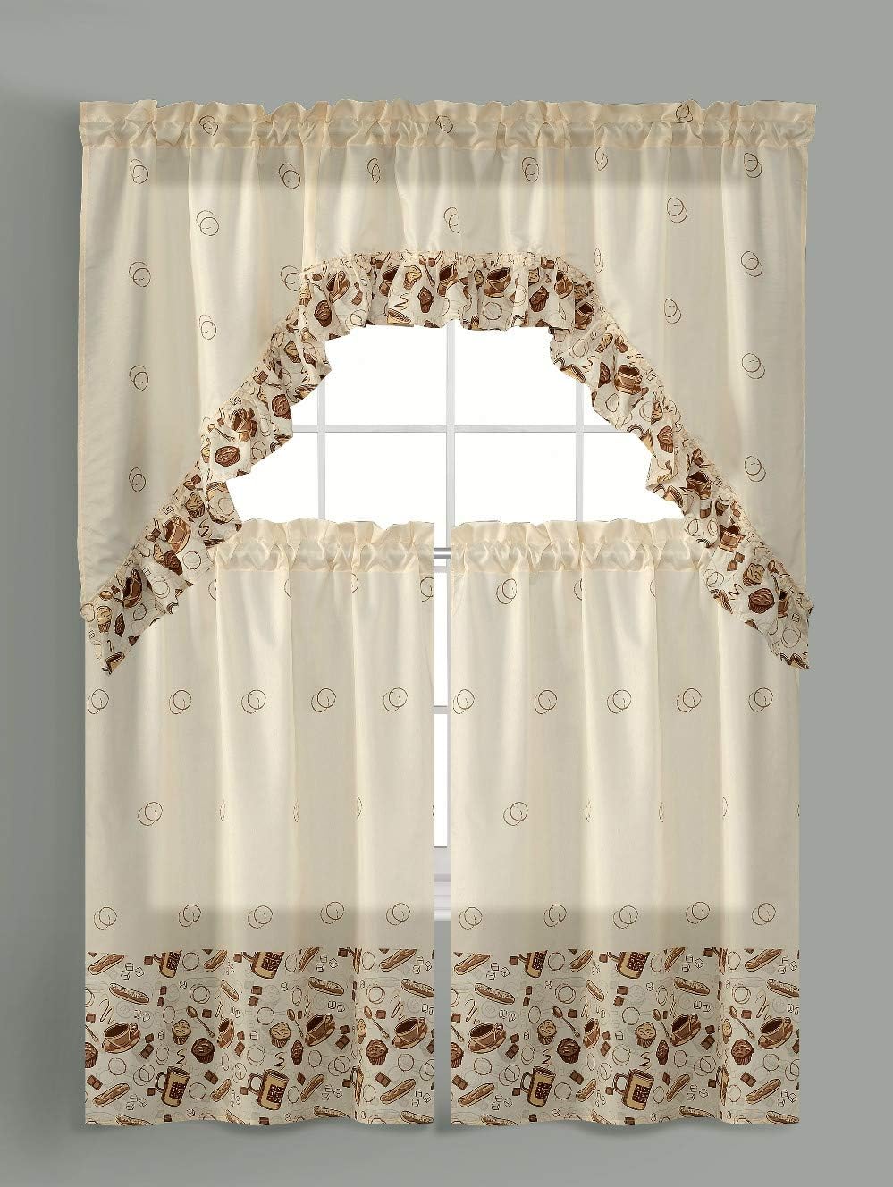 Jody Clarke 3PC Kitchen Window Curtain Set Printed Design,Set Includes 2 Tiers and 1 Valance Available in Multiple Designs ( CAFÉ )