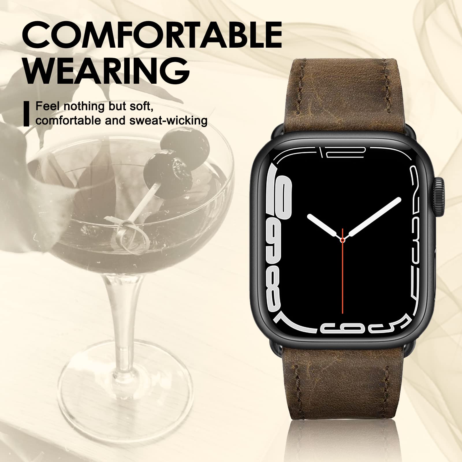 Tuocal Genuine Leather Strap Compatible with Apple Watch 42mm (Series 3/2/1) 44mm 45mm 46mm for Men Women Vintage Leather Straps Compatible with Apple Watch Series 10 9 8 7 6 5 4 3 2 8 SE - Image 2