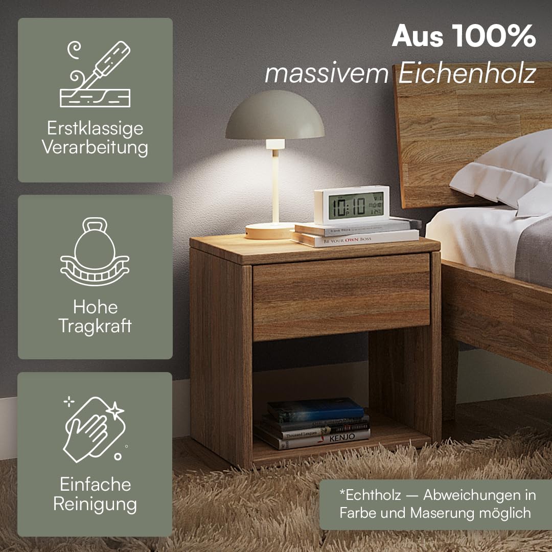 skølm Floki Nachttisch mit Schublade 2er Set – Nachtschrank Massivholz Eiche – Nachttischschrank Natur – Bedside Table – Nachtkommode Schlafzimmer – Nachtkästchen Holz – Beistelltisch 40x40x40 cm