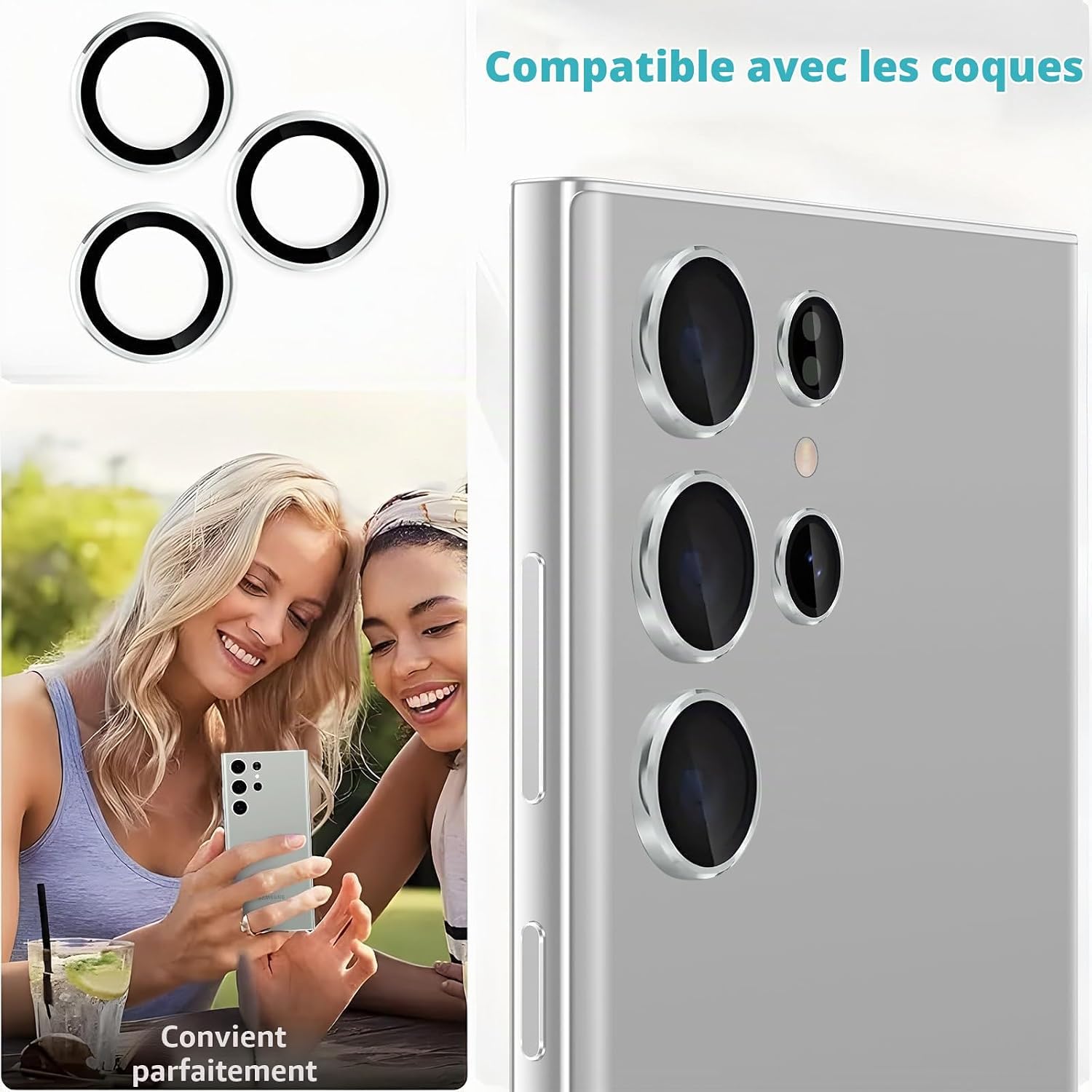 Coiwxmoi Ochraniacz na obiektyw aparatu do Samsung Galaxy S23 Ultra 5G, szkło hartowane 9H, HD przezroczyste odporne na zarysowania, aluminiowy ochraniacz na aparat 3D, srebrny