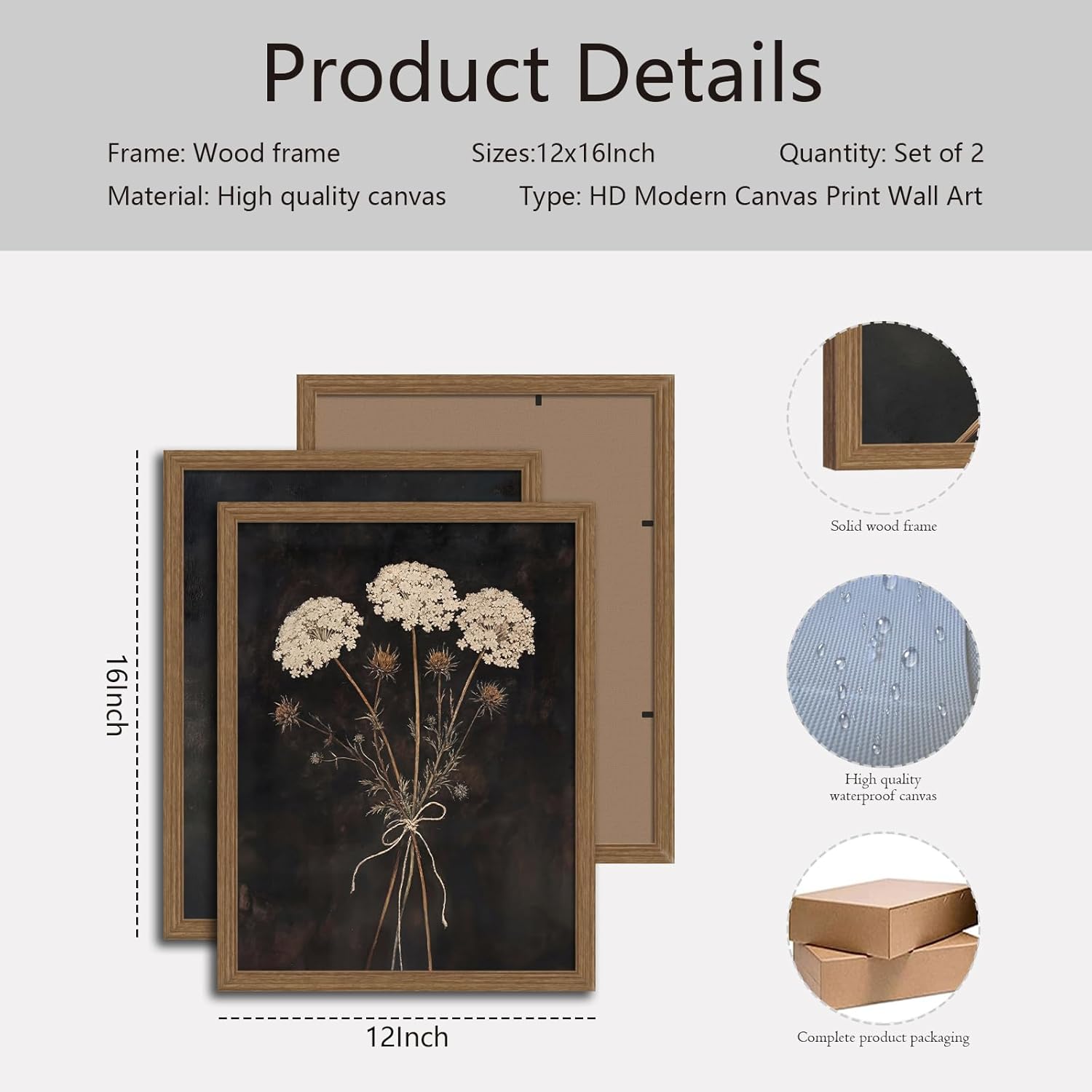 2Pcs Framed Moody Botanical Wall Art, Vintage Queen Lace Flower Canvas Painting, Rustic Farmhouse Floral Poster Picture Print Wall Decor, Nature Plant Artwork for Living Room Bedroom, 12x16 Inches