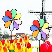Vista 8 de Molino de viento de flores coloridas, molino de viento, 2 piezas, molino de viento de girasol, molino de viento, estaca, césped, patio, fiesta