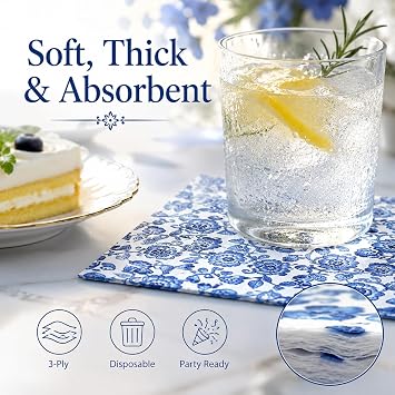 Gift Boutique 100 Blue Floral Cocktail Beverage Napkins Disposable Paper Spring Blue Flowers Dessert Napkin for Spring Flower Wedding Holiday Bridal & Baby Shower Tableware Party Supplies