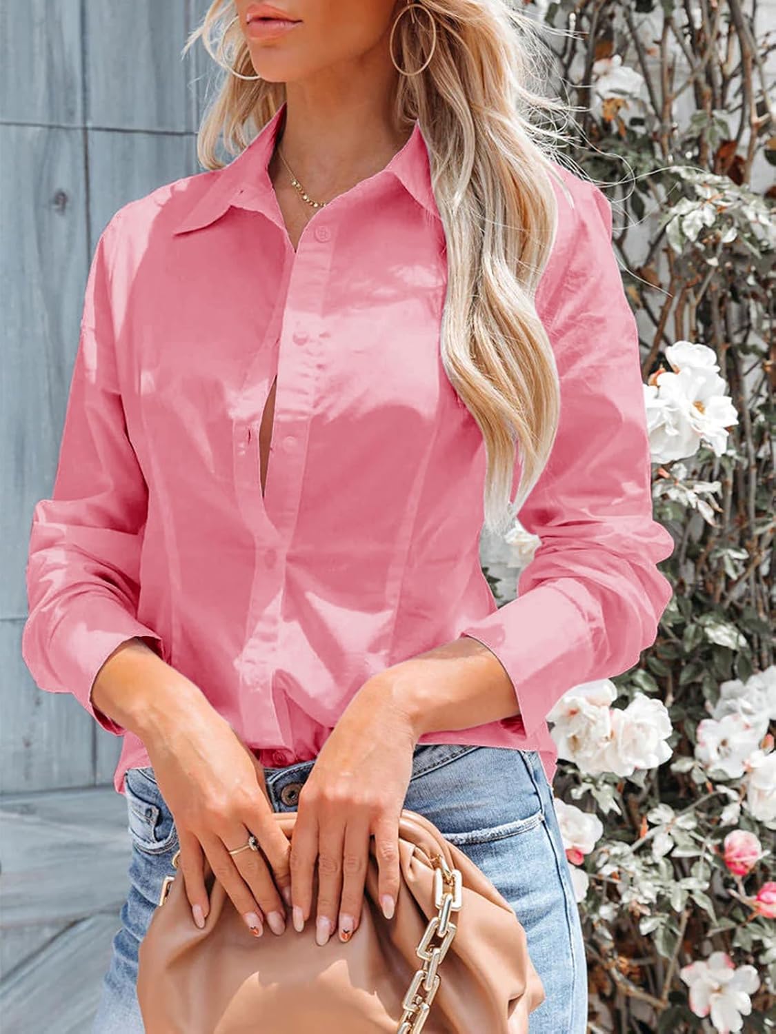 siliteelon Women's Button Down Shirts Long Sleeve Dress Shirts Wrinkle Free Collared Work Office Solid Blouses Corset Tops - Image 3