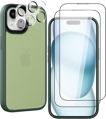 Foluu Funda delgada para iPhone 15 Pro Max 2023-2X protector de pantalla de vidrio templado y 2 protectores de lente de cámara, parte trasera de