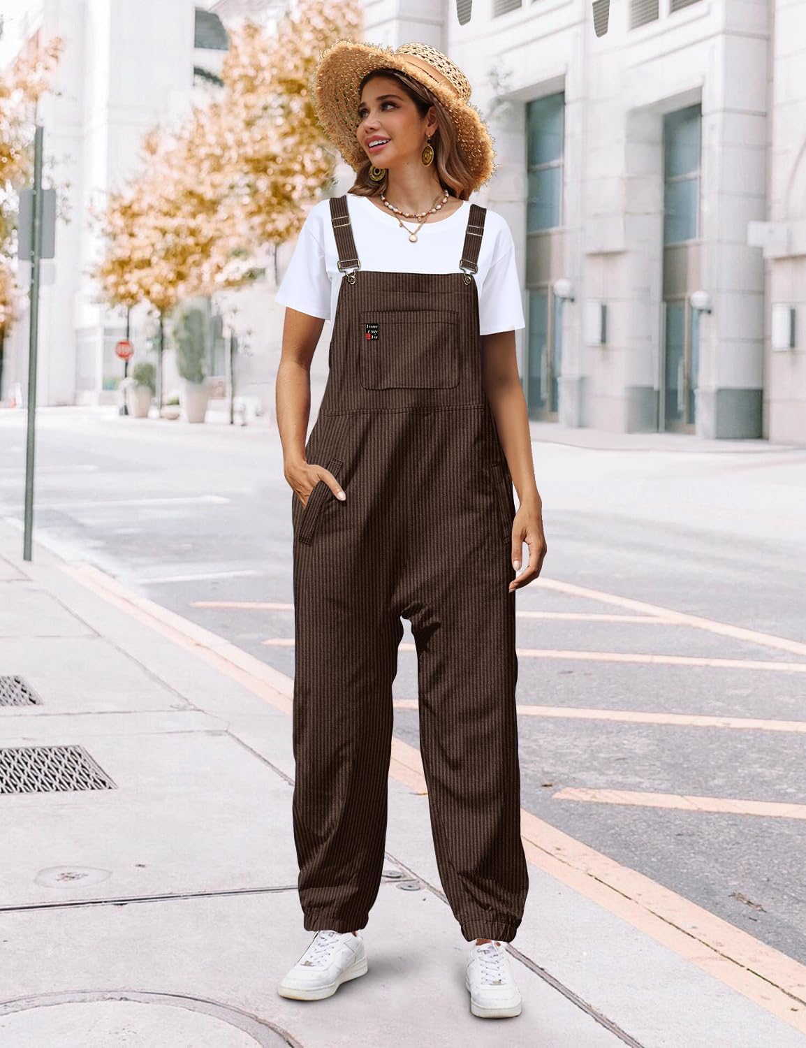 YESNO Women's Casual Corduroy Overalls Sleeveless Adjustable Straps Loose Harem Bib Jumpsuits for Women with Pockets PCL - Image 3