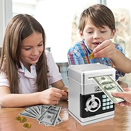Setibre Piggy Bank, Electronic ATM Password Cash Coin Can Auto Scroll Paper Money Saving Box Toy Gift for Kids (Silvery)