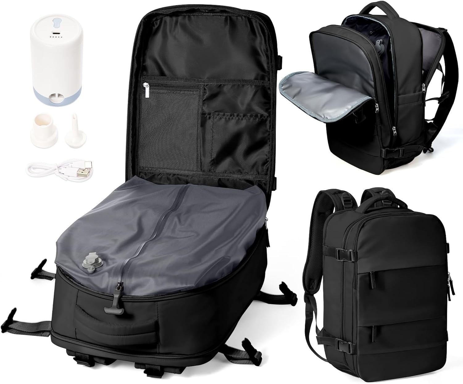 Black Large Vacuum Backpack Travel with Pump, Waterproof Compression Backpack, Airback Personal Item Carry on Backpacks, Vacpack Compression Bags for Seal, Business Travel Backpacks for Women Men