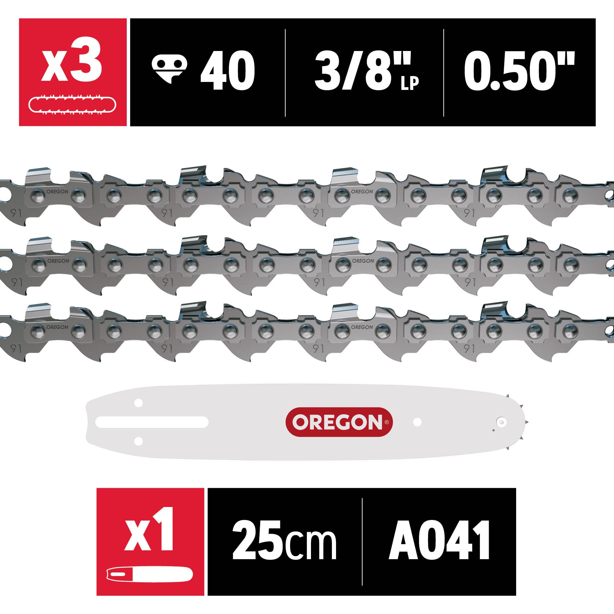 Oregon Confezione da 3 Catene e Barra per Motosega Telescopica, Catena 3/8" LP da 40 Maglie di Trasmissione, 1.3mm e Barra A041 da 25 cm, Compatibili con Black & Decker, Ryobi ed altre marche