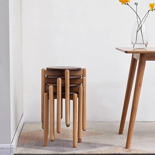 Miniatura 8 de Vadisun Taburete redondo 100% de madera de roble macizo, taburetes de cocina y comedor, taburetes para niños, taburetes apilables para sala de