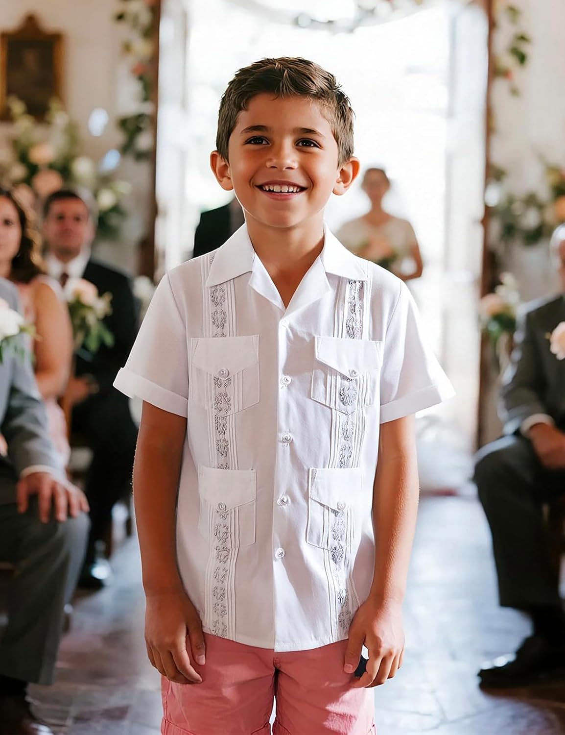 COSLAND Boy's Guayabera Shirts Short Sleeve Button Down Shirt, XS-L - Image 2