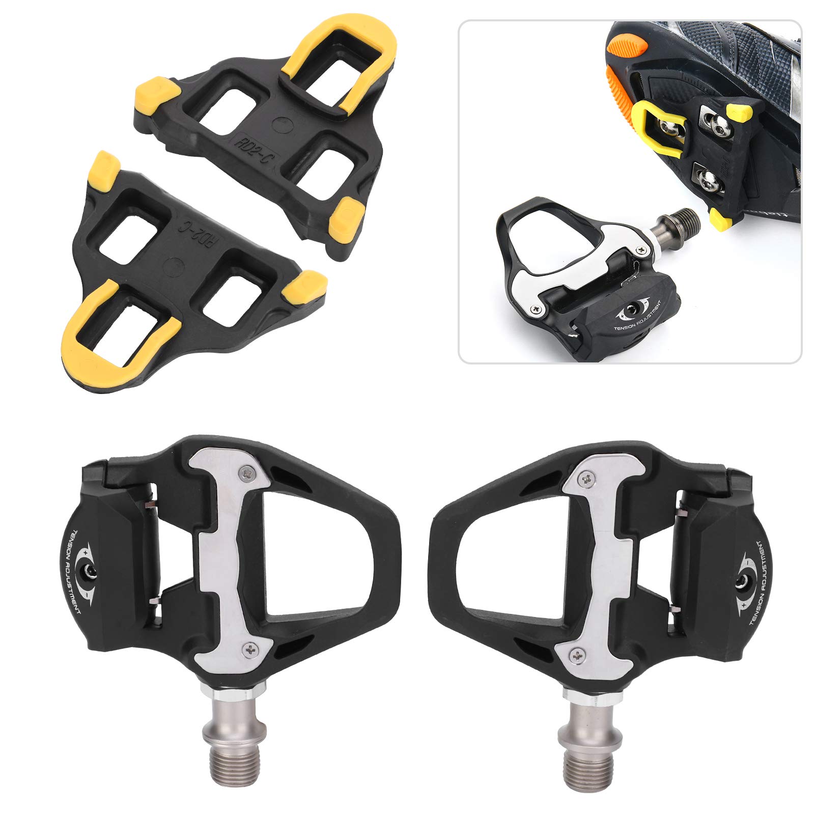 Yosoo Health Gear Pedales Autoblocantes SL para Bicicleta de Carretera, Plataforma de Fibra de Nailon Ultraligera Antideslizante, con Tacos de Repuesto
