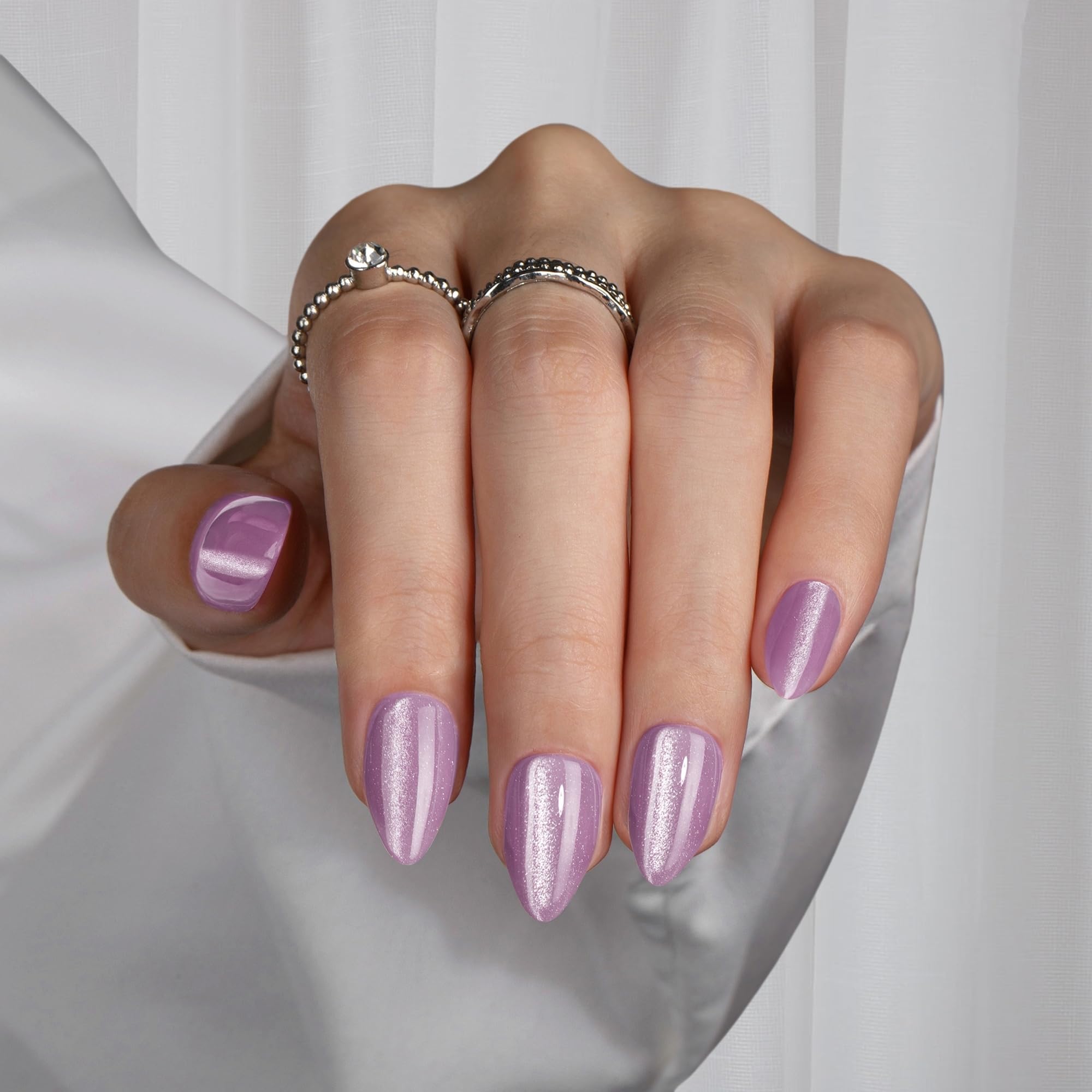 KQueenest Cat Eye Press on Nails Short Almond, Glazed Glitter Lilac False Nails Short Stiletto - Image 3