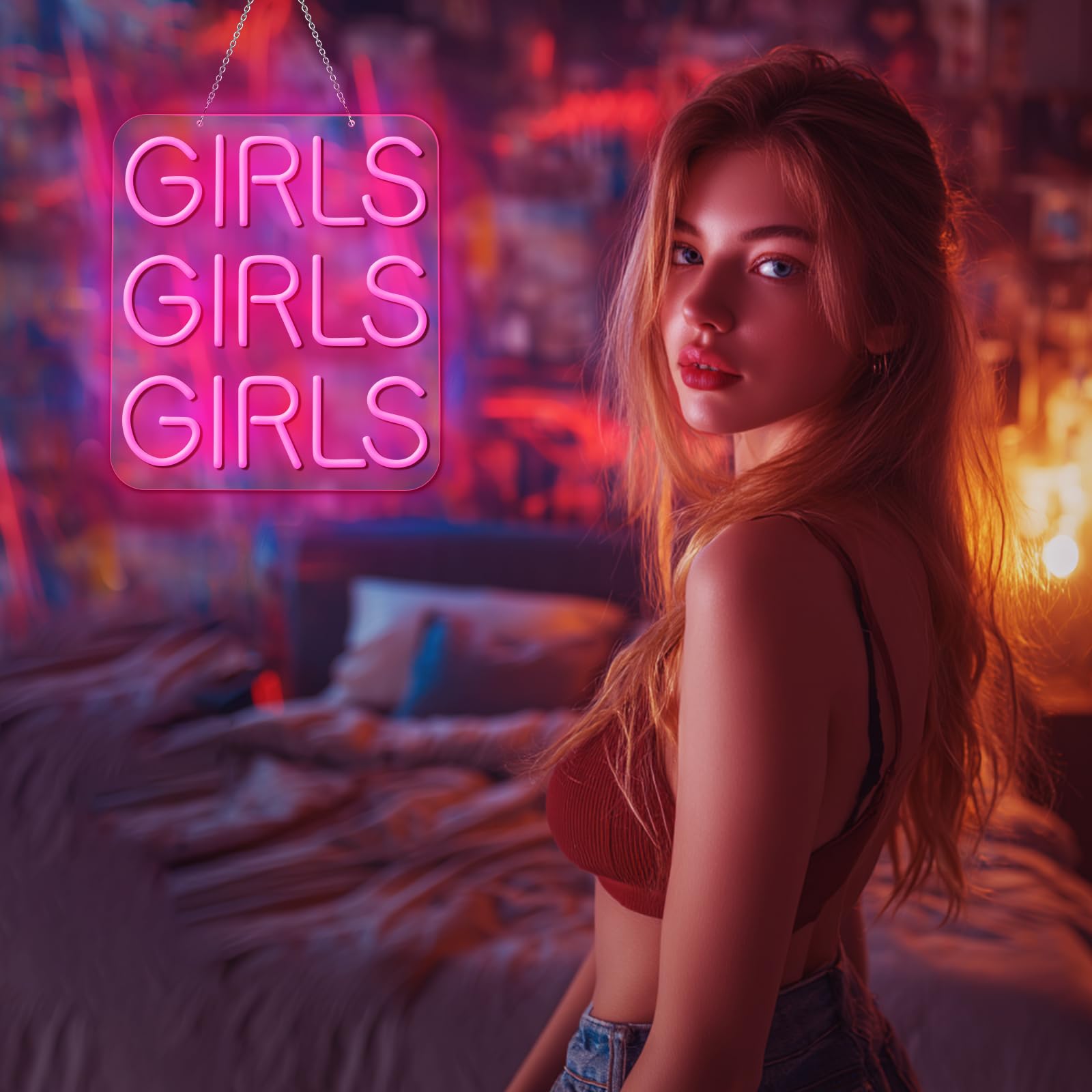 Flixyticy GirlsGirlsGirls Neon Signs, Pink Words LED Hanging Light Sign USB Powered Dimmable for Girls Room Women Bedroom - Image 4