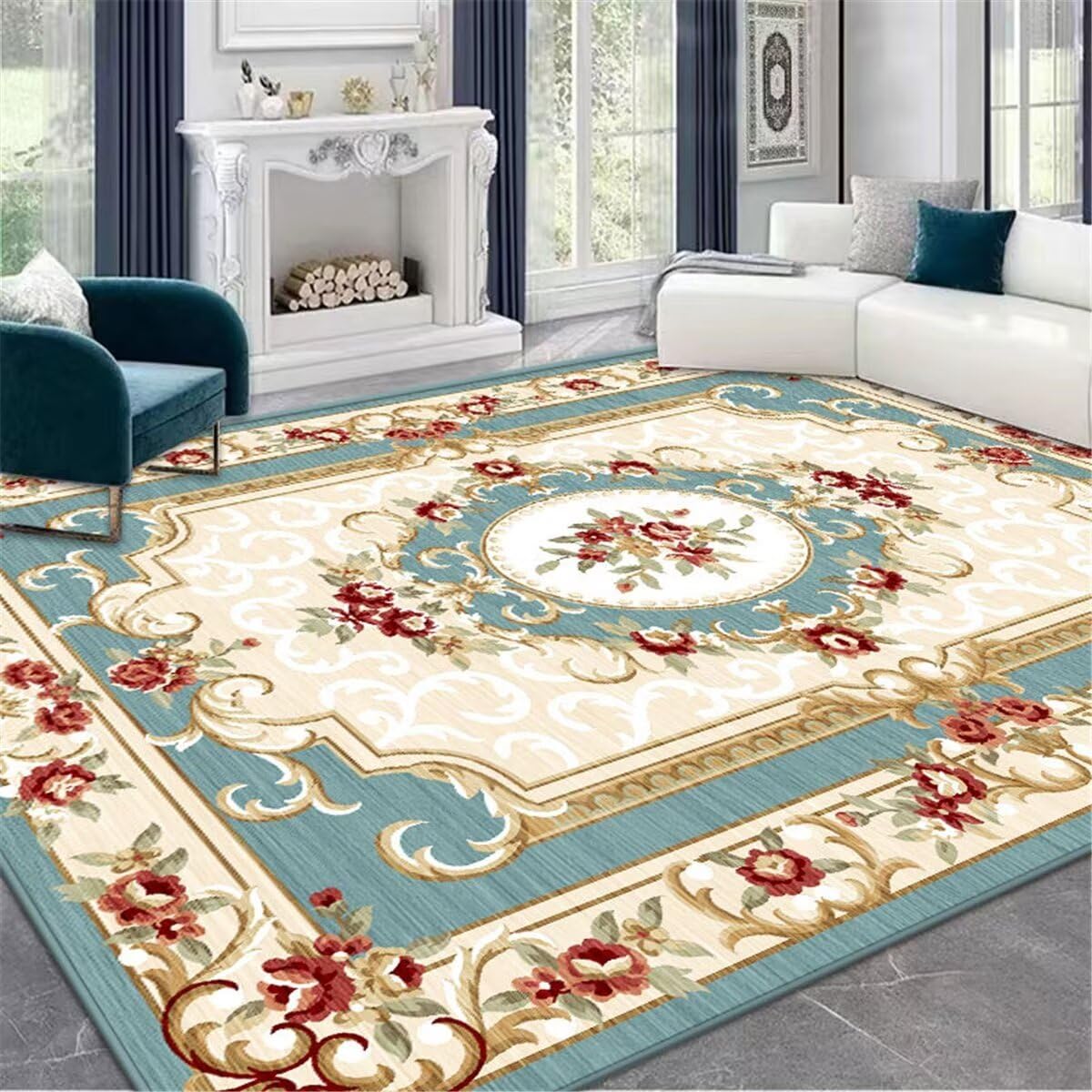 Tapis de salle à manger bleu rouge 180x280cm idéal contre les sols froids et nus