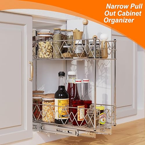 Miniatura 4 de Organizador estrecho de gabinete extraíble  7 pulgadas de ancho x 21 pulgadas de profundidad, 2 niveles para cajones de cocina, estantes