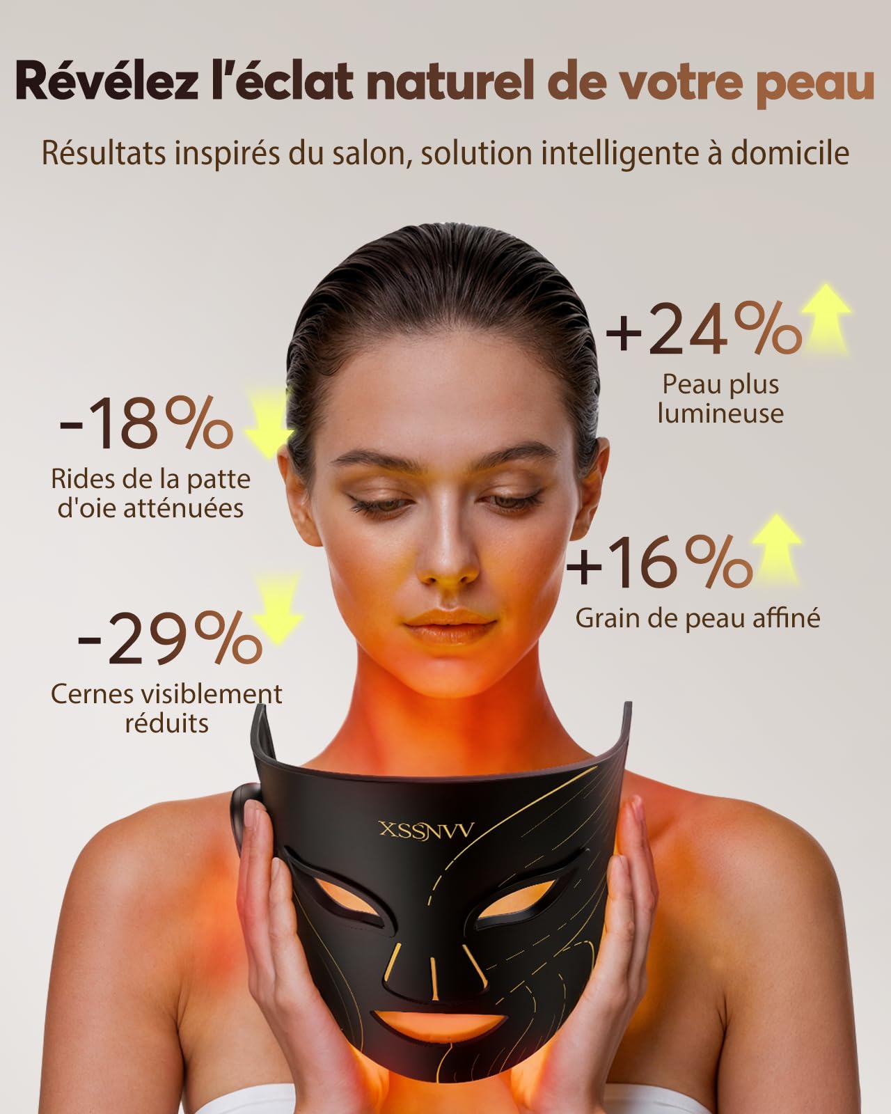 Masque LED Visage Sans Fil, 4 Modes Masque Luminothérapie Lumière Rouge & Infrarouge 850 nm, LED Mask, Télécommande, Autonomie 60 min, Réglable, avec Couvre-yeux, NVV03