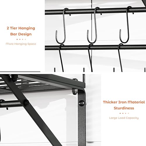 Miniatura 4 de OROPY Estante de almacenamiento para ollas de 31 pulgadas con rieles colgantes de 2 niveles, 14 ganchos en S incluidos, ideal para sartenes,