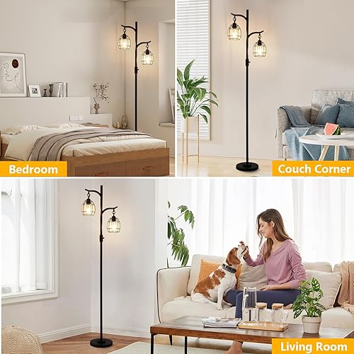 Miniatura 6 de 9MMML Lámpara de pie para sala de estar, lámparas de pie industriales regulables con 2 jaulas colgantes de lágrima, lámpara de pie vintage de 67