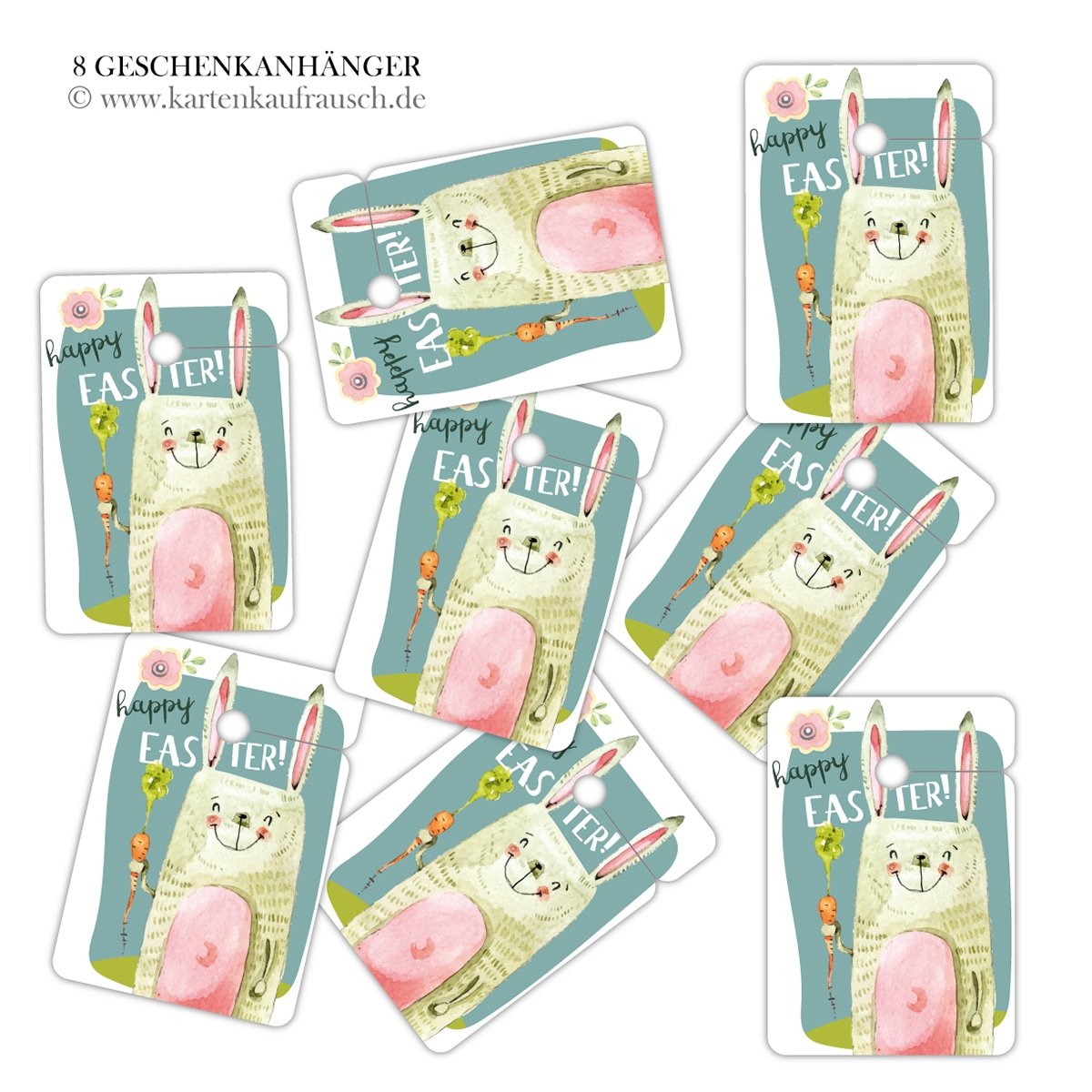Kartenkaufrausch 80 lustig Coole Oster Geschenkanhänger farbig, Papieranhänger, universal Etiketten, Hangtag-Set mit Osterhase und Möhre: Happy Easter • zum Verzieren von Geschenktüten