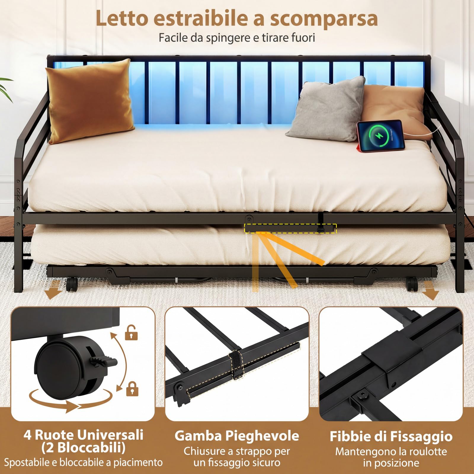 COSTWAY Letto Estraibile, Divano Letto Singolo con Luci LED e Stazione di Ricarica, Lettino Matrimoniale con Struttura in Metallo, 2 Pz 90x200 cm, per Soggiorno e Camera da Letto (Nero)