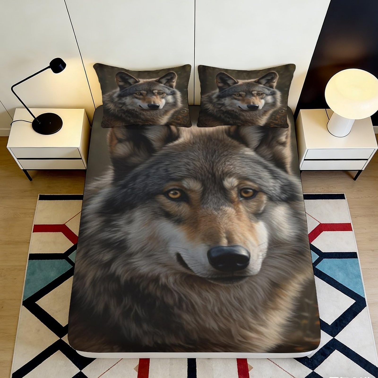 3D Printed Wolf Pattern Fitted Sheet Microfiber Soft Breathable Wolf Face Bed Cover for Bedroom Dormitory Guest Room Mattress Protection Decor 120x200x25cm