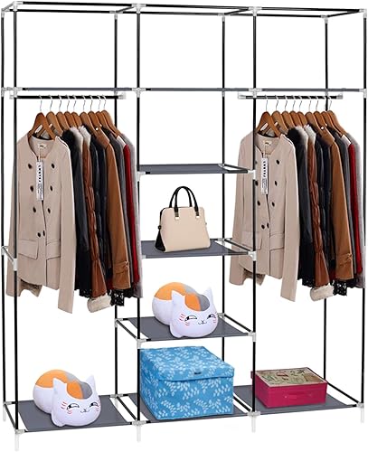 Miniatura 3 de Armario portátil de 69 pulgadas, armario para colgar ropa con 2 varillas para colgar, 9 estantes organizadores de almacenamiento de ropa, armario de