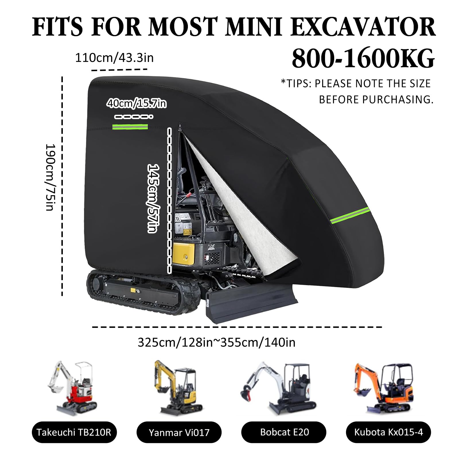 Copertura per escavatore, mini escavatore, 800-1600 kg, impermeabile, tessuto Oxford 420D, con chiusura lampo, strisce riflettenti, orlo elastico, pioggia, polvere, foglie, protezione UV (nero)