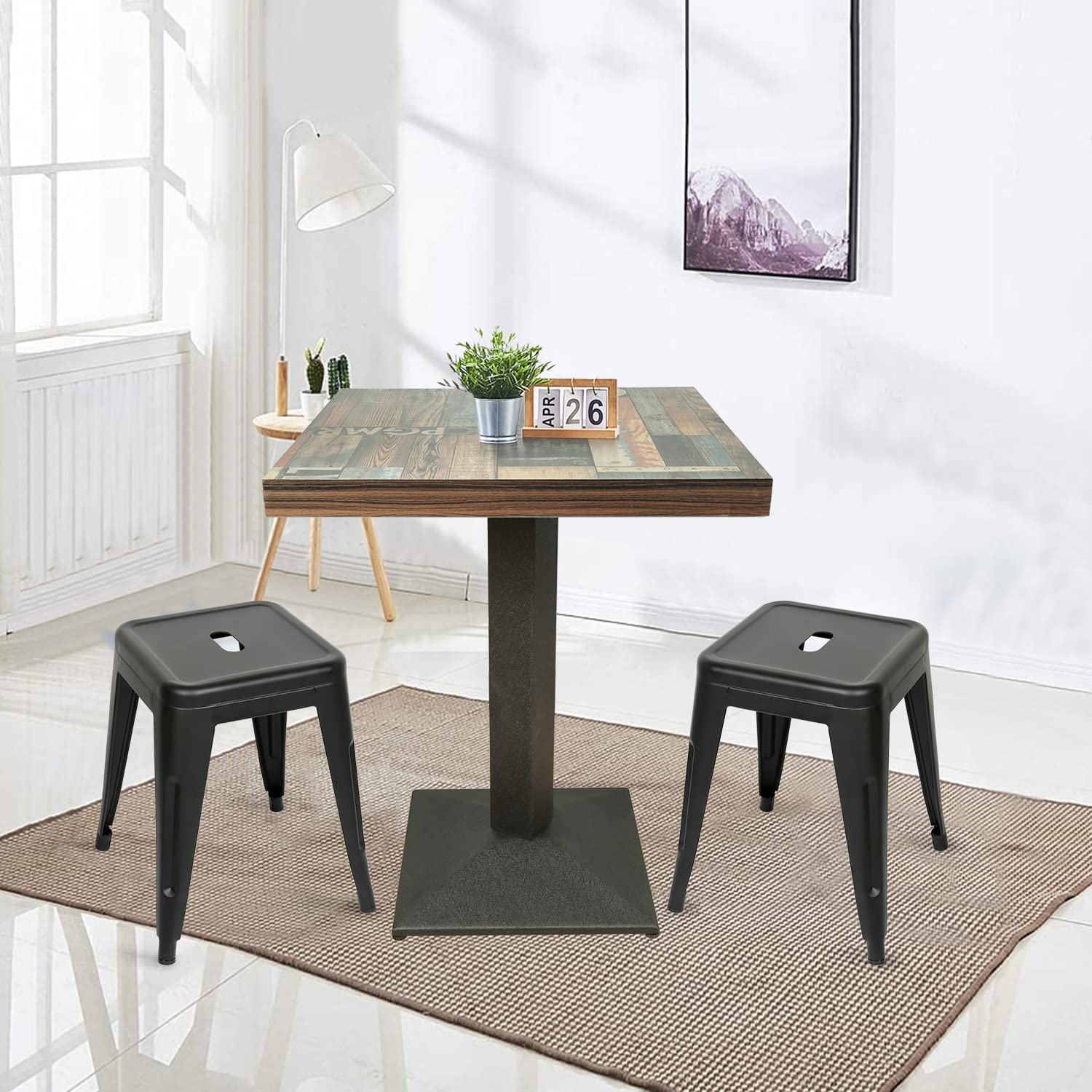 Mesa para Bar de Madera Cuadrada | Pie Central de Hierro Estilo Industrial o Nórdico | Mesa de Cocina, Centro, Comedor, Bistró (60*60*75cm, Piso de Flores Retro)